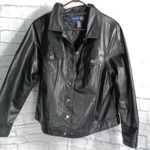 Venezia Jeans Jacket Womens 18/20 Black Leather Snap Front Quilted Lined Casual